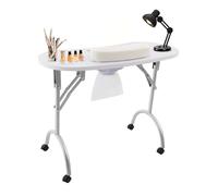 Repomanda, Mesa de manicura con aspiradora plegable, mesa de uñas móvil con ruedas y succión, mesa de manicura portátil para salón de uñas y hogar, color blanco con bolsa de polvo y bolsa de