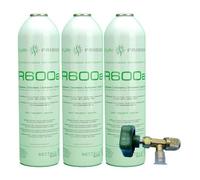 REPORSHOP - Kit Recarga Refrigerante - 3 Botellas de 420 g Gas Refrigerante R600a - Válvula Servicio - Compatible con Frigoríficos, Armarios Fríos, Botelleros, Freezer - Herramientas Frigorista