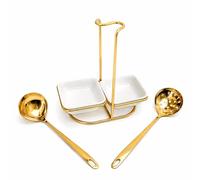 Reposa Cucharas Cocina doble con Cerámica - Soporte Utensilios Cocina Acero Inoxidable Dorado - Organizador Encimera Antigoteo Elegante para bufet hotel mesa elegante. (GOLDEN)