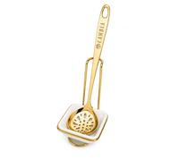 Reposacucharas Cocina Dorado con Cuenco de Cerámica - Soporte para Cuchara en Acero Inoxidable - Organizador de Utensilios, Antigoteo, Fácil Limpieza (SET GOLDEN/COLADOR)