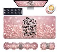 Reposamuñecas para teclado y alfombrilla de ratón con soporte de muñeca, Posavasos ergonómicos, espuma viscoelástica, alivio del dolor fácil de escribir, alfombrilla de escritorio grande XL de 31.5 x 11.8 pulgadas, permanece positivo, trabaja duro y hace que suceda motivacional