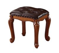 Reposapiés de madera tallada vintage pequeño de cuero para sofá y sala de estar, taburete tapizado para piano de maquillaje, 15.7 pulgadas, color café