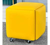 Reposapiés otomano de cuero, taburete apilable 5 en 1 y taburete anidado con ruedas para sala de estar y comedor, banco amarillo versátil para dormitorio y decoración del hogar (42 x 42 x 46 cm)