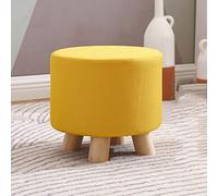 Reposapiés redondo de lino amarillo con patas de madera resistentes, acento elegante para sala de estar y dormitorio, cómodo puf tapizado, decoración moderna del hogar
