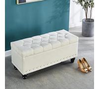 Reposapiés tapizado de lino otomano rectangular para almacenamiento, moderno taburete de entrada, cambiador de zapatos, 100 x 40 cm, elegante decoración del hogar para sala de estar y pasillo