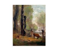 Reproducciones de Pinturas al óleo Jean-Baptiste-Camille Corot Mujer campesina regando su vaca cuadros pinturas famosas Paisajes poster Decoración de Pared para Salón48x40cm(19x16in)Sin marco