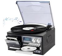Reproductor de disco de vinilo, Reproductor de cinta de cassette con 3 velocidades Bluetooth Tocadiscos Vintage, Menos ruido, Cubierta de polvo esmerilado, Altavoces incorporados, Radio FM, USB, Repro
