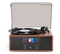 Reproductor de discos de vinilo con radio Internet WiFi, reproductor de CD | Pantalla a color, grabación USB/SD, Bluetooth, 3 velocidades, control remoto y audio doméstico de mediados de siglo
