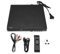 Reproductor de DVD mini con soporte para 1080p, HDMI, puerto USB, salida AV y control remoto.