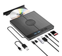 Reproductor grabador de CD/DVD externo 7 en 1,USB 3.0 tipo C CD/DVD +/-RW Grabadora de DVD con lector de tarjetas SD/TF, Delgado Transmisión Rápida Cable USB Integrado para Windows 11/10/8/7/XP Vista