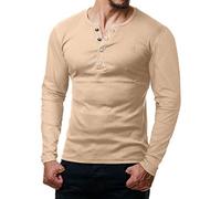 ReRock de Young & Rich Camiseta de manga larga para hombre, con botones y cuello de pico, camiseta Henley de corte ajustado, beige, M