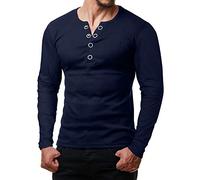 ReRock de Young & Rich Camiseta de manga larga para hombre, con botones y cuello de pico, camiseta Henley de corte ajustado, azul oscuro, S
