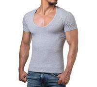 ReRock RR-1315 para Young & Rich 1315 Camiseta de hombre con cuello en V profundo color sólido Fitness T-shirt - S hasta 3XL, Gris, L