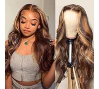 Resaltado Ombre 13x4 HD Pelucas delanteras de encaje transparente Cabello humano P4/27 Color Miel Rubio Cuerpo Onda Peluca frontal de encaje for mujeres Sin pegamento 150% Densidad Pre arrancado con p
