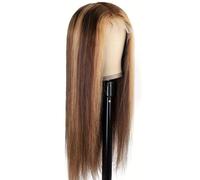 Resaltado ombre peluca frontal de encaje cabello real, 13 x 4 liso 4/27 rubio miel prearrancado 150 densidad pelucas de colores para mujeres extensiones de cabello (56,8 cm)