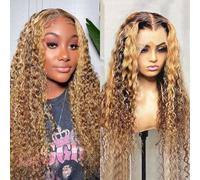 Resaltar Ombre Encaje frente Pelucas Cabello humano Pre arrancado 13x4x1 HD Encaje frontal Pelucas rizadas 4/27 Miel Rubio Color Onda de agua Pelucas de cabello humano for mujeres negras 180 Densidad