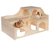 Resch No35 - Mansión de cobayas de madera maciza natural de abeto/con dos grandes entradas en la planta baja y una amplia escalera que conduce a la casa alta con balcón