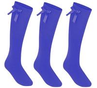 Reshmena® 3 calcetines de rodilla alta para niñas de algodón con lazos esponjosos para la vuelta al cole, calcetines de uniforme, calcetines para fiestas, calcetines largos para niños, azul real, 4-6