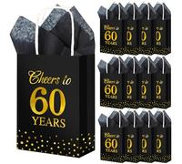 Resholder Paquete de 20 bolsas de regalo con asa para 60 años, bolsa de regalo de 60 cumpleaños, recuerdos de fiesta con papel de seda, papel negro y dorado, bolsa de golosinas, regalos de cumpleaños,