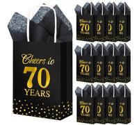 Resholder Paquete de 20 bolsas de regalo con asa para 70 años, bolsa de regalo de 70 cumpleaños, recuerdos de fiesta con papel de seda, papel negro y dorado, bolsa de golosinas, regalos de cumpleaños,