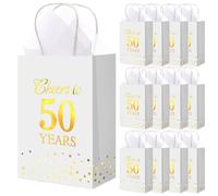Resholder Paquete de 20 bolsas de regalo de Cheers to 50 años con asa, bolsa de regalo de 50 cumpleaños, recuerdos de fiesta con papel de seda, blanco y dorado, bolsa de golosinas, regalos de