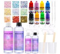 Resina Epoxi Transparente,Resina Epoxi Kit 608ml,A:B Relación 1: 1 Endurecedor,Kit Completo Incluyen Purpurina, Colorante, Taza Medidora y Guantes,Ideal para Hacer Joyas, Marcapáginas y Llaver