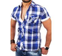 Reslad Hombre camisa de manga corta camisa de cuadros se ajusta a la figura tiempo libre camisa cuadros RS-7065 azul L