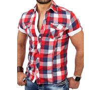 Reslad Hombre Camisa Manga Corta Cuadros Ajustada Figura Tiempo Libre Camisa Cuadros RS-7065 Rojo M