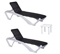 resol grupo GARBAR ACQUA-Andorra Set 2+1 Tumbona-Mesa Auxiliar Exterior | jardín, terraza, balcón, Playa, Piscina | apilable, reclinable, Ruedas, Posavasos | Estructura Blanca - Textilene Negro