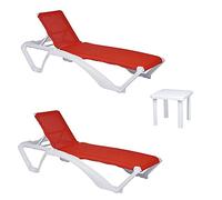 Resol garbar ACQUA-Andorra Set 2+1 Tumbona-Mesa Auxiliar Exterior | jardín, terraza, balcón, Playa, Piscina | apilable, reclinable, Ruedas, Posavasos | Estructura Blanca - Textilene Rojo