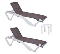 Resol garbar ACQUA-Andorra Set 2+1 Tumbona-Mesa Auxiliar Exterior | jardín, terraza, balcón, Playa, Piscina | apilable, reclinable, Ruedas, Posavasos | Estructura Blanca - Textilene Arena