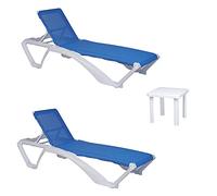 resol grupo garbar ACQUA-Andorra Set 2+1 Tumbona-Mesa Auxiliar Exterior | jardín, terraza, balcón, Playa, Piscina | apilable, reclinable, Ruedas, Posavasos | Estructura Blanca - Textilene Azul