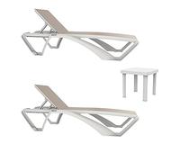 Resol Marina-Andorra Set 2+1 Tumbona-Mesa Auxiliar Exterior | jardín, terraza, balcón, Playa, Piscina | diseño, Ligero, apilable, reclinable, Ruedas, Posavasos | Estructura Blanca - Textilene Beige