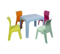 RESOL Set Jan Mesa Infantil con Sillas | 4 Sillas Niños y Mesa de Plástico | Apilables y de Muy Fácil Limpieza y Mantenimiento | Mesa Azul + 4 Sillas Fucsia/Menta Aquamint/Naranja/Lima