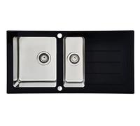 Respekta New York Fregadero de cristal en negro/Fregadero empotrado de 1,5 cubetas de 100 x 50 cm/Apto para bases a partir de 60 cm de ancho