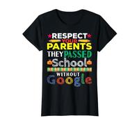 Respetar a los Padres fallecieron sin Google Funny Regreso a la Escuela Camiseta gráfica económica, Mujer, Negro, S