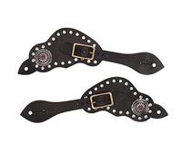 Respicefinem Western Spur Straps with Rhinestones Premium Real Cow Leather Adjustable Length Horse Riding Protective Equipment Vintage Style Black