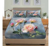 Respirable Sábanas Bajeras 160x200 cm Pintura Al óLeo De Rosa RomáNtica Ajustables Sábanas Bajeras Azul GrisáCeo Suave Cómoda con Elástica Bolsillo Profundo 30 cm para 5-30 cm Grueso Colchón