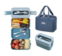 Resszo Lunch Box Kit - Porta almuerzo de oficina 1600 ml Bento Box de PP, 2 capas porta almuerzo con cubiertos para Picnic Escuela Oficinas Adulto Niños Microondas Seguro (Azul)