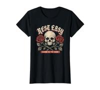 Rest Easy - Camiseta gráfica gótica Vintage de Calavera y Rosas Camiseta gráfica económica, Mujer, Negro, XL