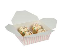 Restaurantware Bio Tek - Contenedores de alimentos de 6.7 x 5.5 x 2.6 pulgadas, 50 cajas duraderas para llevar, desechables, a rayas, de papel rosa y blanco, cajas de comida para llevar,