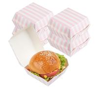 Restaurantware Mini cajas de hamburguesas de 2.8 x 2.8 x 2 pulgadas, 100 recipientes de alimentos de concha de almeja, tapa con bisagras, cajas de papel a rayas, rosa y blanco, servir deslizadores o