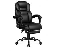 RESTEQ - Silla de oficina ergonómica con reposapiés retráctil, reposabrazos, altura ajustable, respaldo reclinable 90°-120°, piel sintética negra, carga máxima: 136 kg