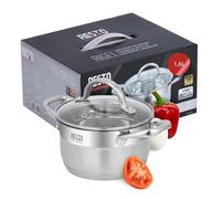 RESTO Olla de acero inoxidable 18/10, para todo tipo de fuegos, olla con tapa de cristal resistente al calor, escala de medición en caja de regalo (16, h = 9,5 cm, 1,6 l)