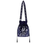 Restyle Bolso Bucket Lunar Eclipse de Terciopelo Azul | Bolso Saco Whimsigoth con Bordado Celestial de Luna y Estrellas | Correa Ajustable y Capacidad para Agenda A4 o Tablet | Estilo Gótico Místico