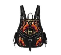 Restyle Mochila Mystic Fox Bordada - Diseño Gótico con Zorros y Luna Creciente - Mochila Grande de Antelina Negra Estilo Witchy y Forestcore - Moda Alternativa Vegana