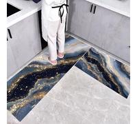 Resumen de Lujo Ilustración de mármol Alfombra de Cocina Lavable, Antideslizante, cómoda, Impermeable, para el hogar, la Cocina y la lavandería, 2 Piezas (Oro Azul, 50x80+50x150cm)