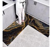 Resumen de Lujo Juego de 2 tapetes de Cocina antifatiga Patrón de mármol para decoración del hogar, Oficina, Impermeables, Antideslizantes, cómodos (Negro y Dorado, 40x60+40x120cm)