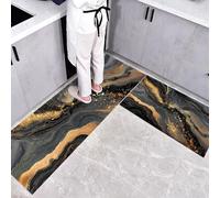 Resumen de Lujo Juego de 2 tapetes de Cocina antifatiga Textura de mármol para decoración del hogar, Oficina, Impermeables, Antideslizantes, cómodos (Negro y Dorado, 45x75+45x150cm)