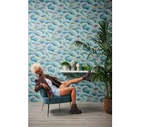 Resumen Papel Pintado Con Patrón con Ondas & Efecto Brillo - Azul, Turquesa, Oro